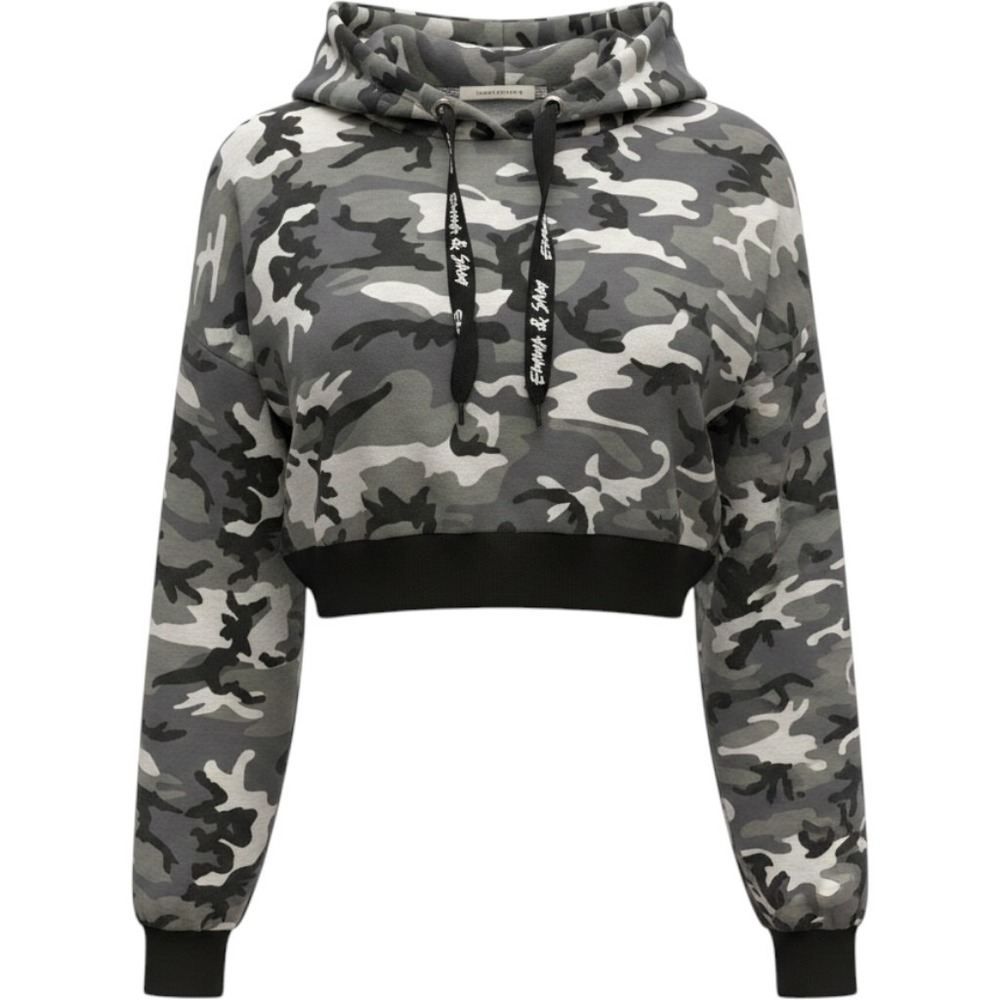 Emma & Sam Womens Grey‎ Camo Cropped Hoodie Sweatshirt Size M Camouflage